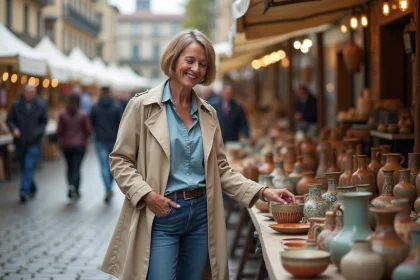 Femme souriante portant trench et jeans au marché aux puces