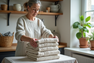 Femme plie des pulls dans une buanderie lumineuse