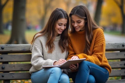 Deux femmes assises sur un banc en automne dans un parc