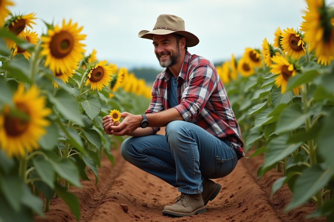 Fermeur dans un champ de tournesols en pleine floraison