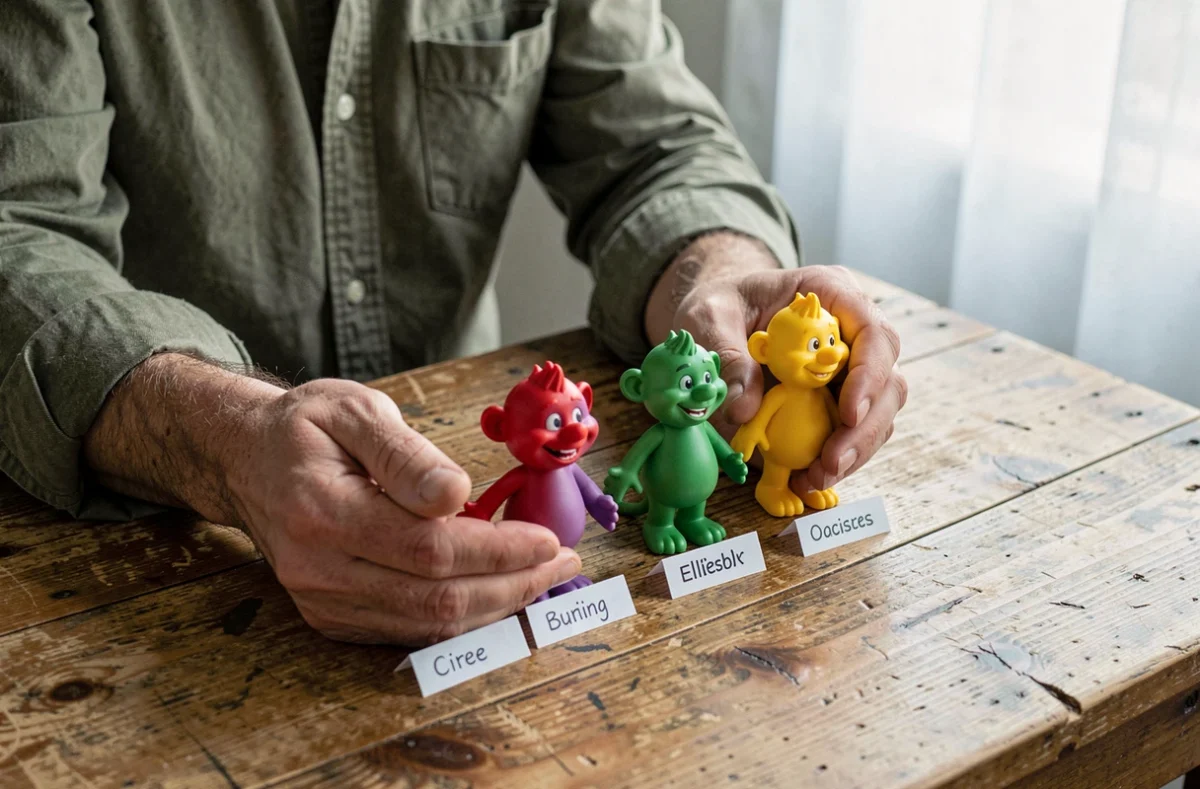 Quatre figurines Télétubbies alignées avec leurs noms écrits à la main sur une table en chêne