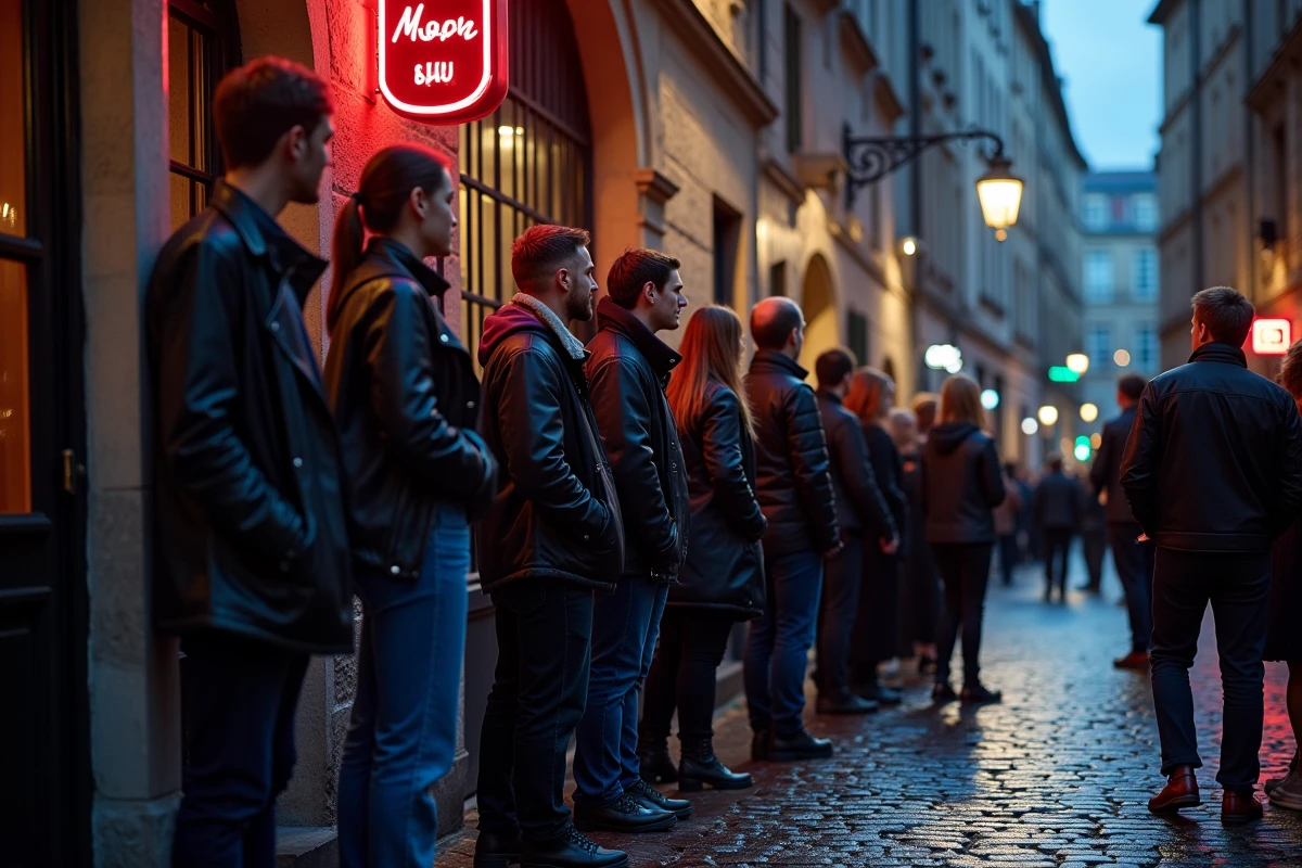 File d'attente devant une boîte de nuit à Lille la nuit dans une rue pavée du centre-ville