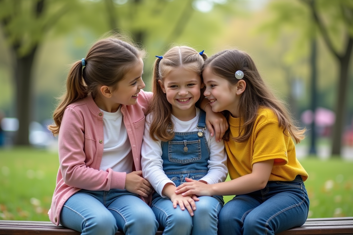 Trois filles assises sur un banc de parc