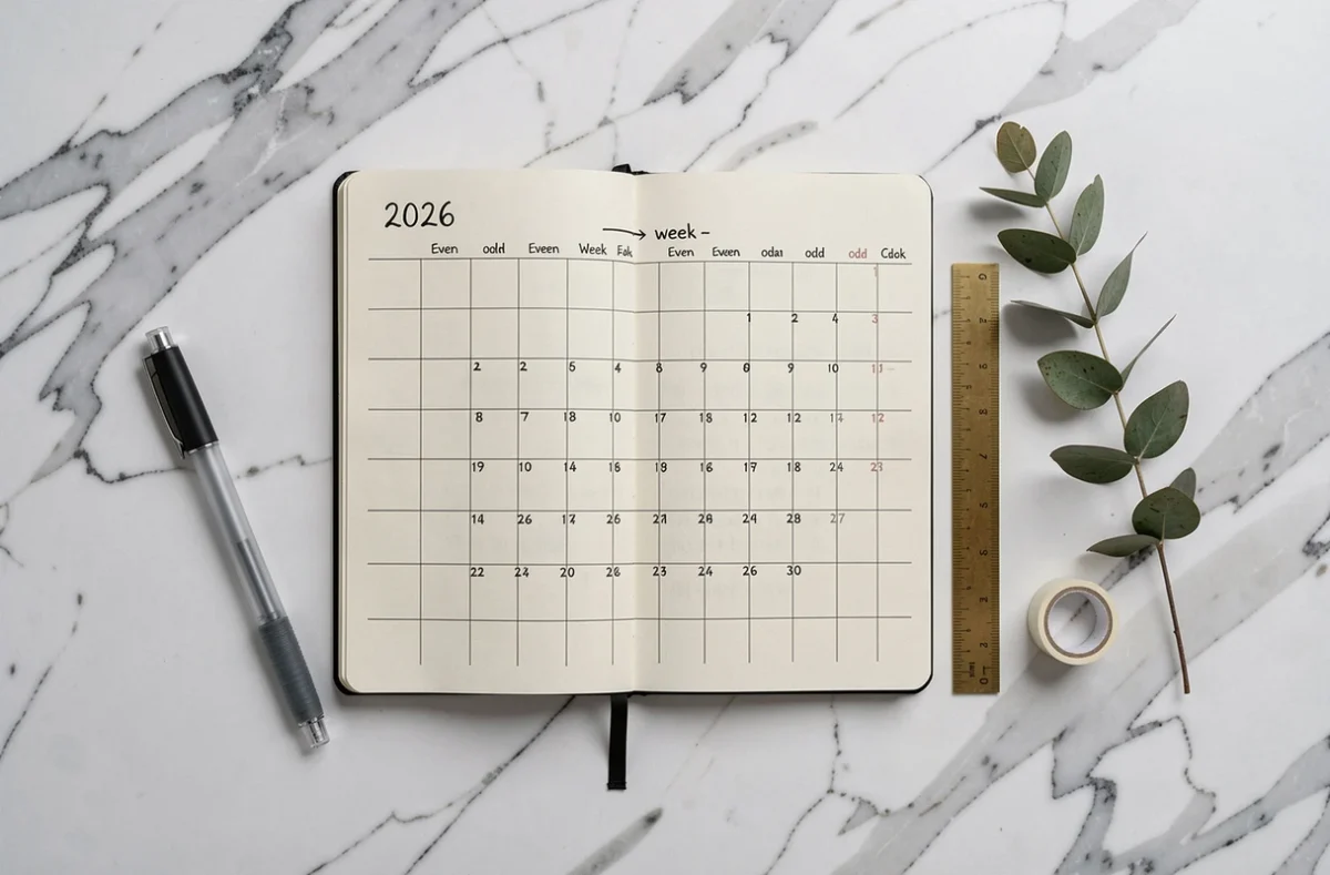 Flat lay minimaliste d'un bullet journal 2026 avec calendrier semaines paires et impaires sur marbre blanc, entouré de stylos et accessoires de papeterie