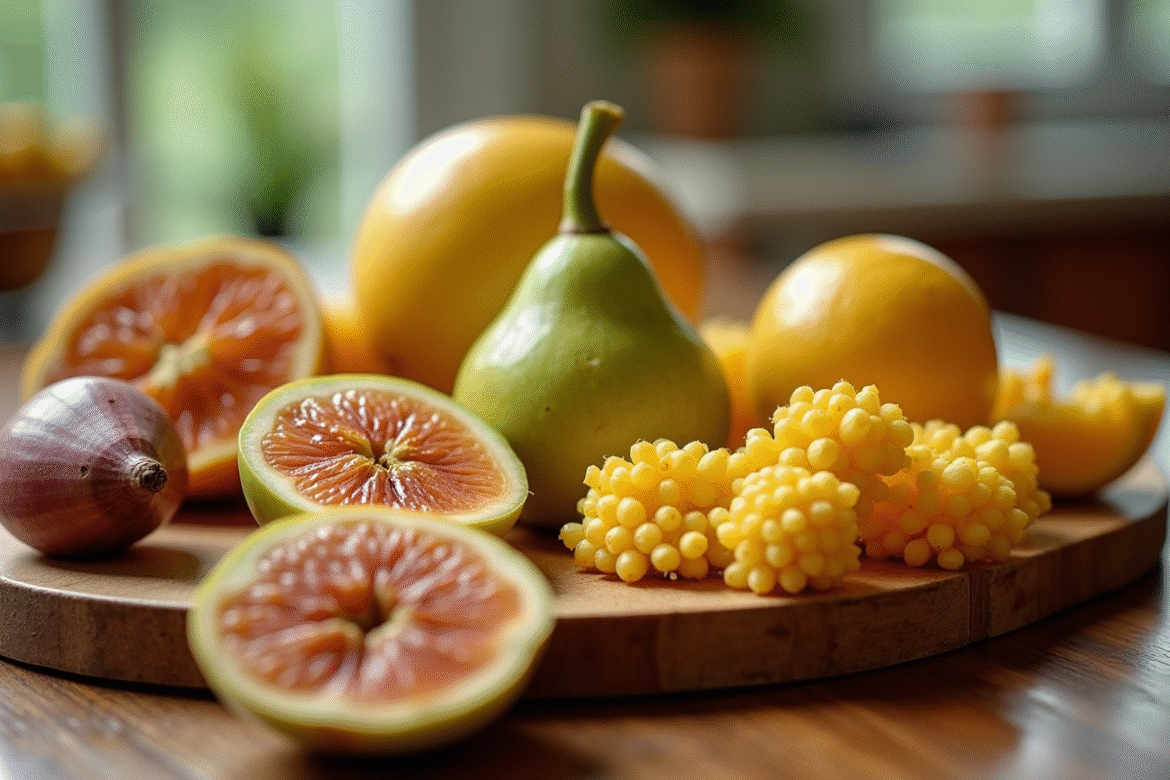 Sélection de fruits rares avec la lettre I sur une table en bois