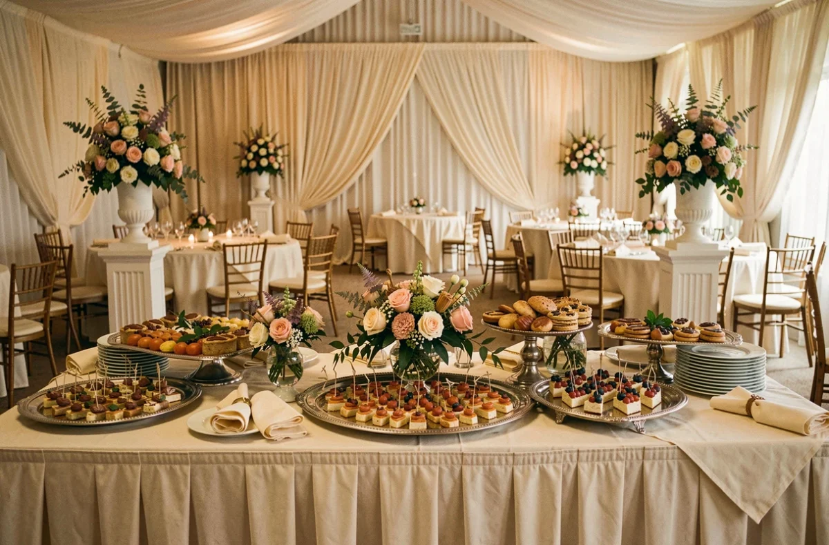 Table buffet gastronomique et salle de réception décorée de Gourman'Dit Reception à Baillet-en-France