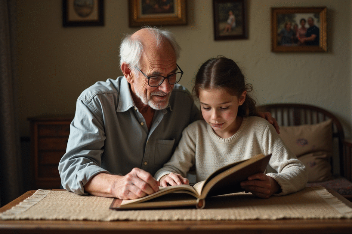 Un grand-père et sa petite fille regardant un album photo