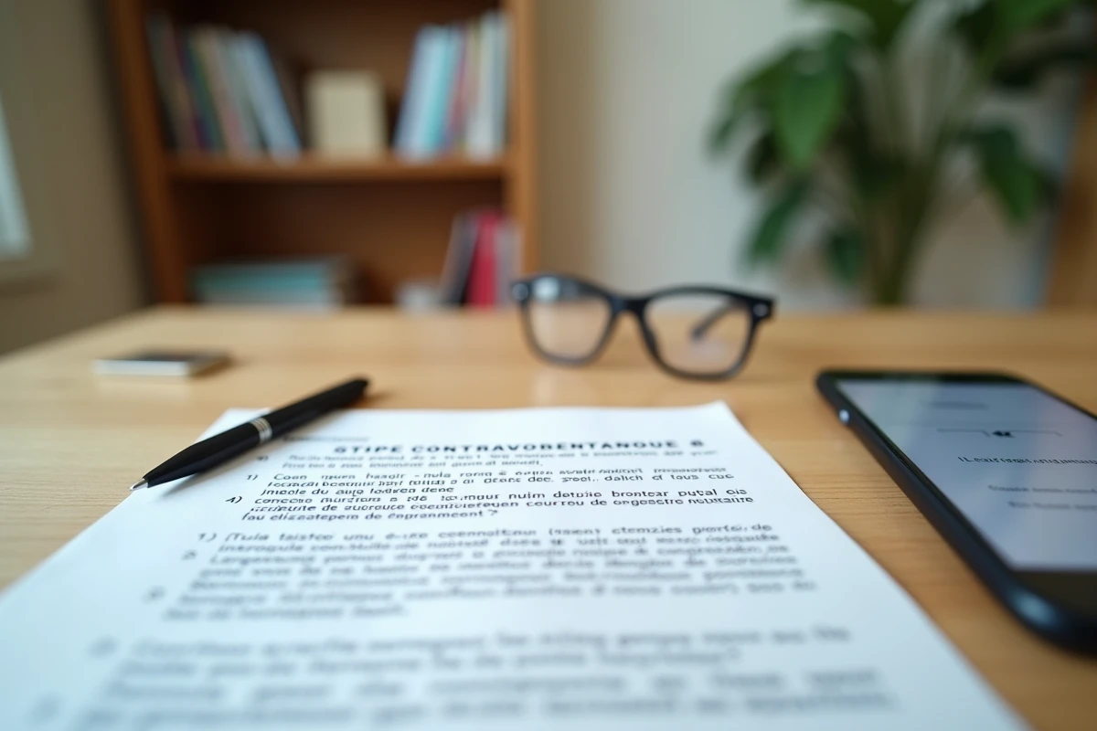 Gros plan sur un avis de contravention de 5ème classe posé sur un bureau avec stylo et smartphone affichant une application juridique