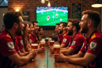 Groupe d'amis regardant un match de football dans un pub toulousain