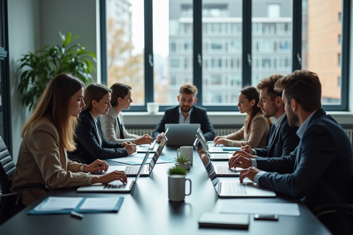 Groupe de professionnels en réunion dans un bureau moderne