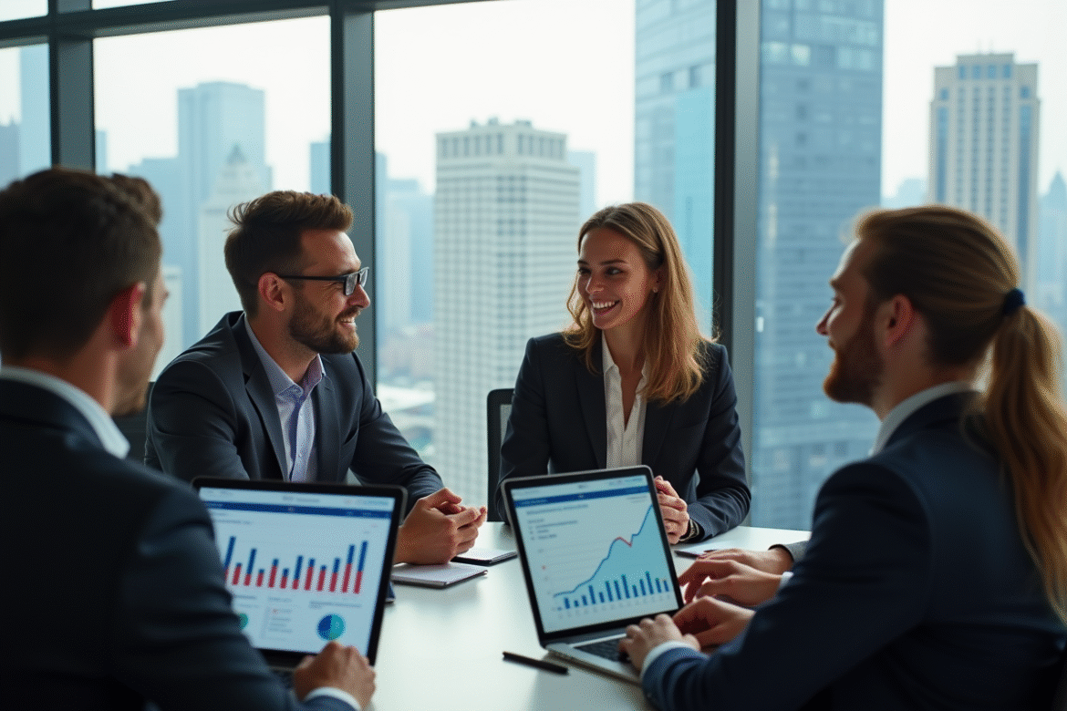 Groupe de jeunes professionnels discutant de finances dans un bureau moderne