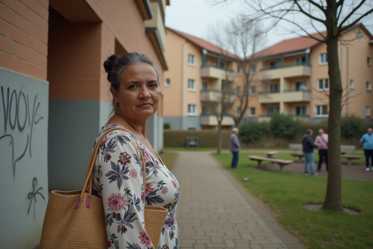 Portrait d'une habitante d'un quartier résidentiel sensible de Toulouse devant un immeuble HLM en briques et béton