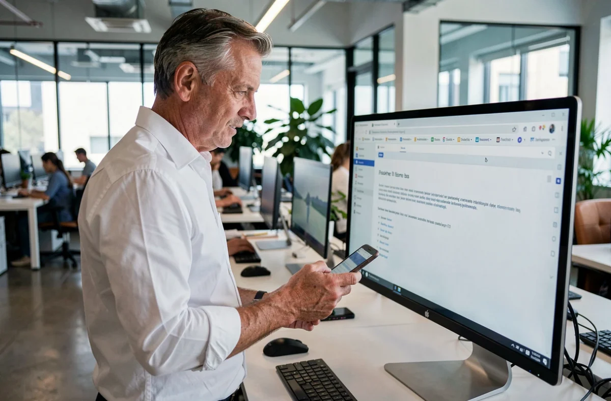 Homme d'affaires comparant des informations sur smartphone et moniteur d'ordinateur pour identifier un site web frauduleux en entreprise