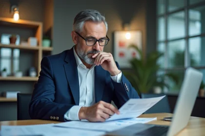 Homme d'affaires en costume bleu analysant des documents financiers