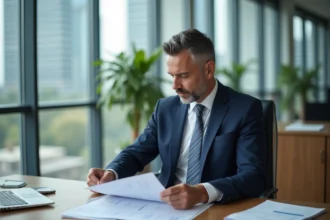 Homme d'affaires en costume bleu examine des rapports financiers