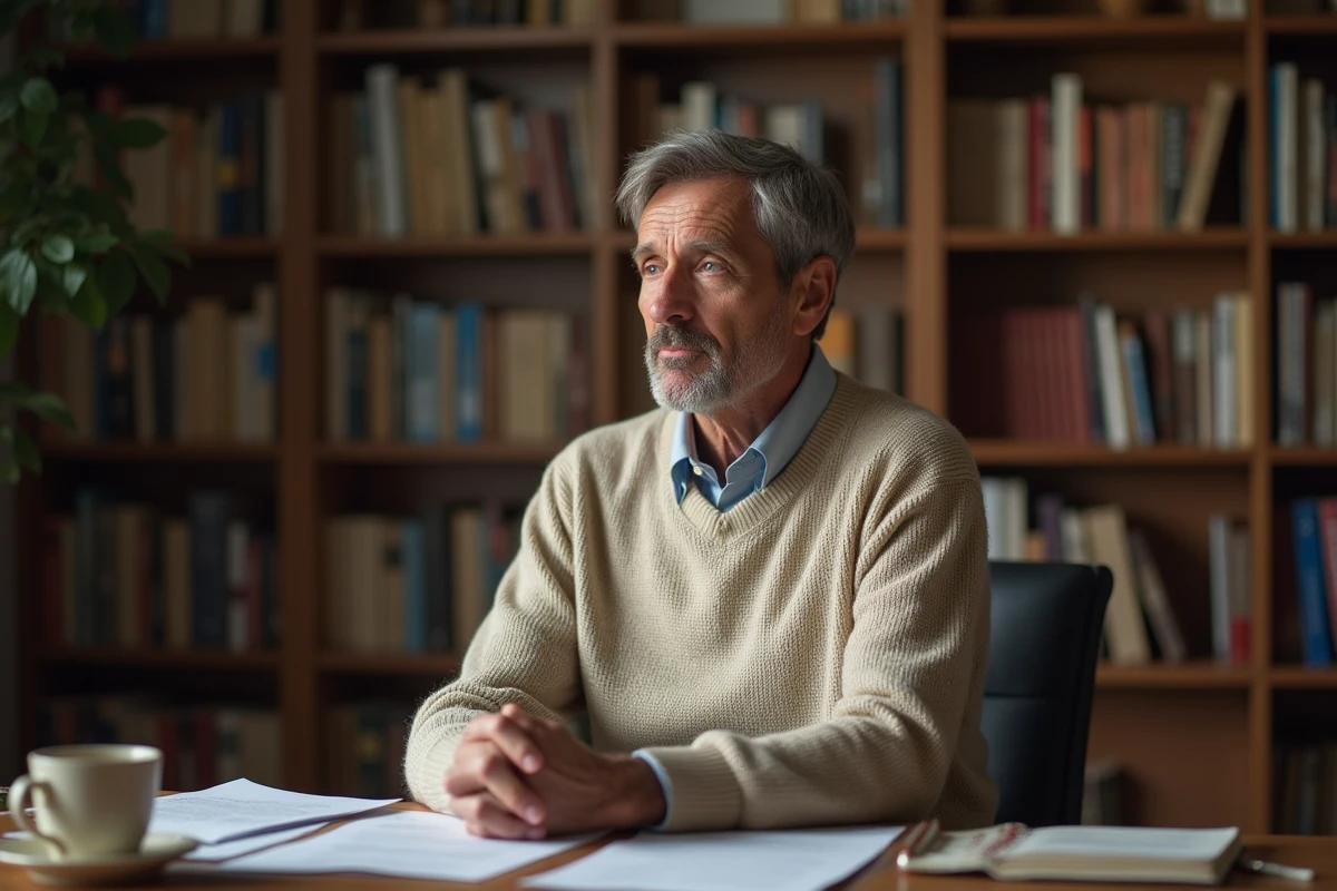 Homme réfléchi assis dans une bibliothèque personnelle, symbolisant l'introspection et le parcours évoqué par les proches de Le Bret Gauthier