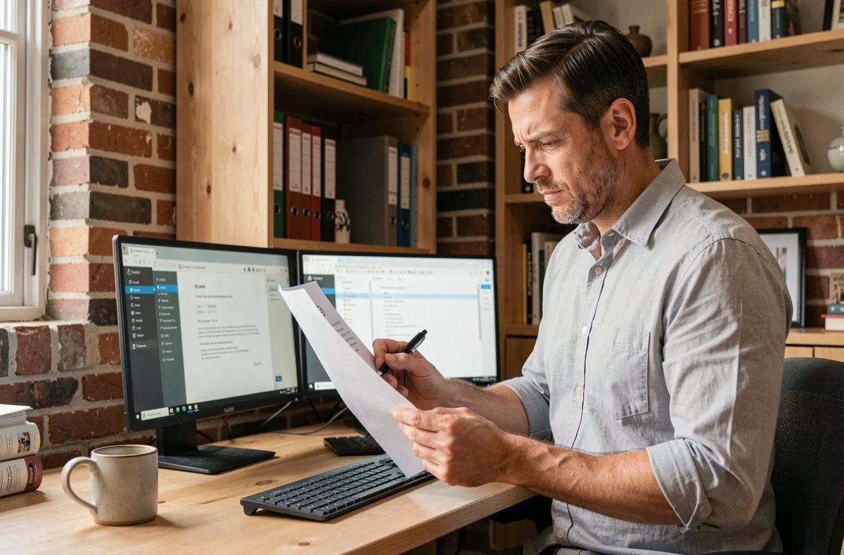 Homme en chemise grise relisant un brouillon d'email professionnel avec un stylo dans un bureau à domicile, questionnant l'usage de la formule vous en remerciant par avance