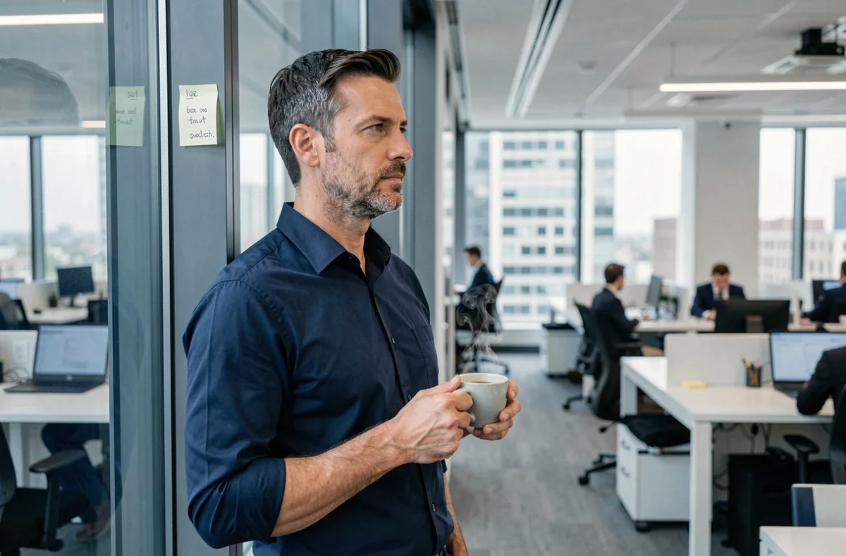 Homme d'affaires pensif debout près d'une fenêtre de bureau moderne avec une citation manuscrite sur le verre, atmosphère professionnelle et introspective