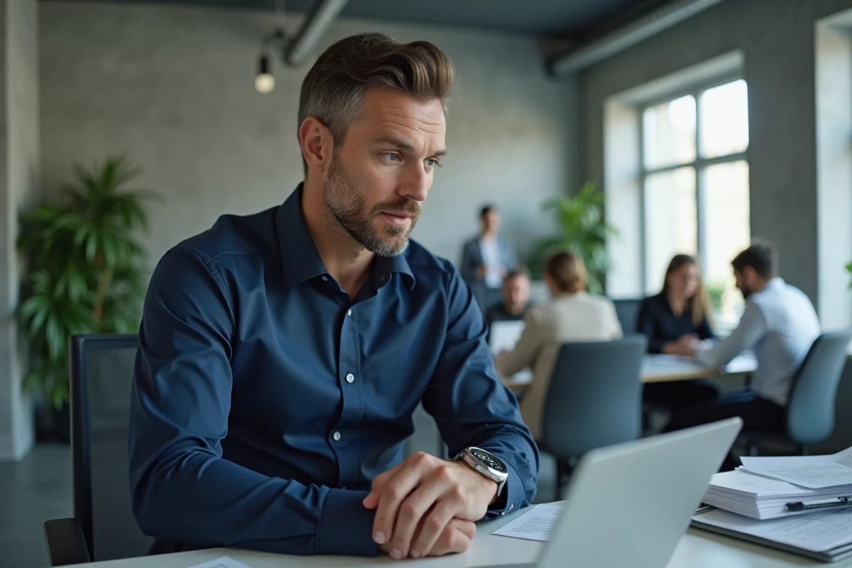 Homme en bureau regardant sa montre affichant 15h55, symbolisant la signification professionnelle de cette heure miroir