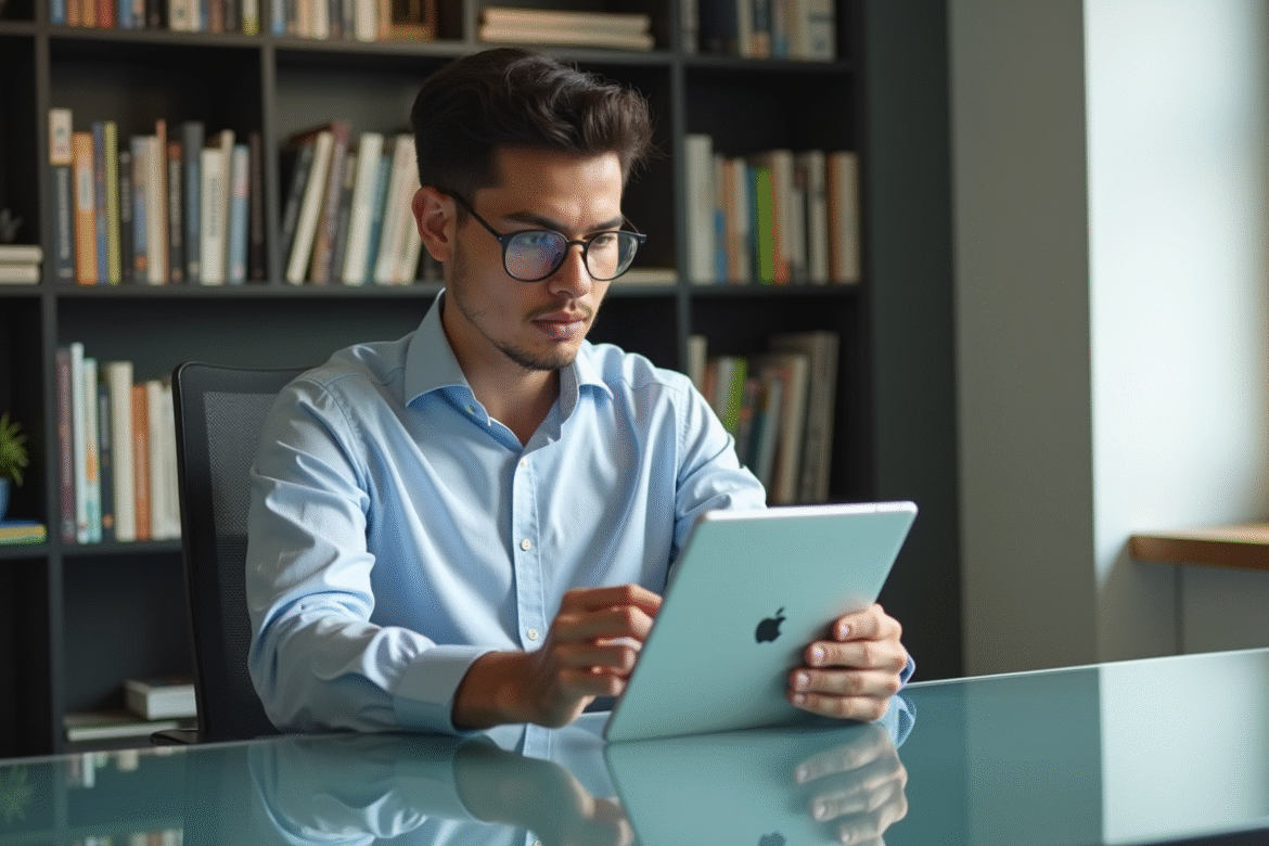 Jeune homme professionnel compare deux tablettes haut de gamme