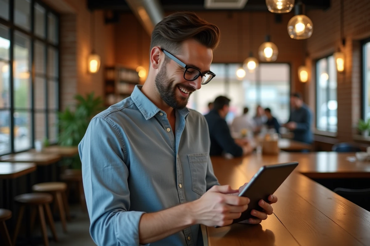 Jeune homme lisant une tablette dans un café convivial