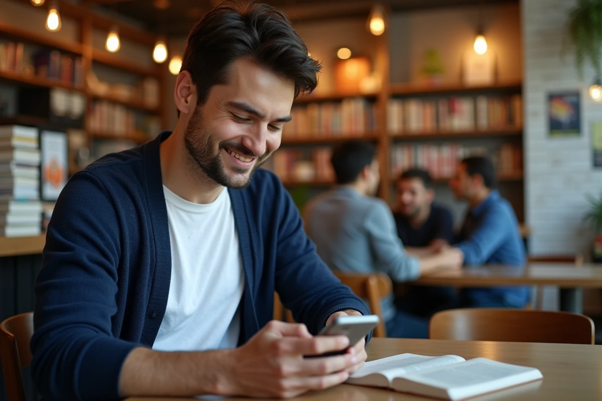 Jeune homme lisant un ebook dans un café animé