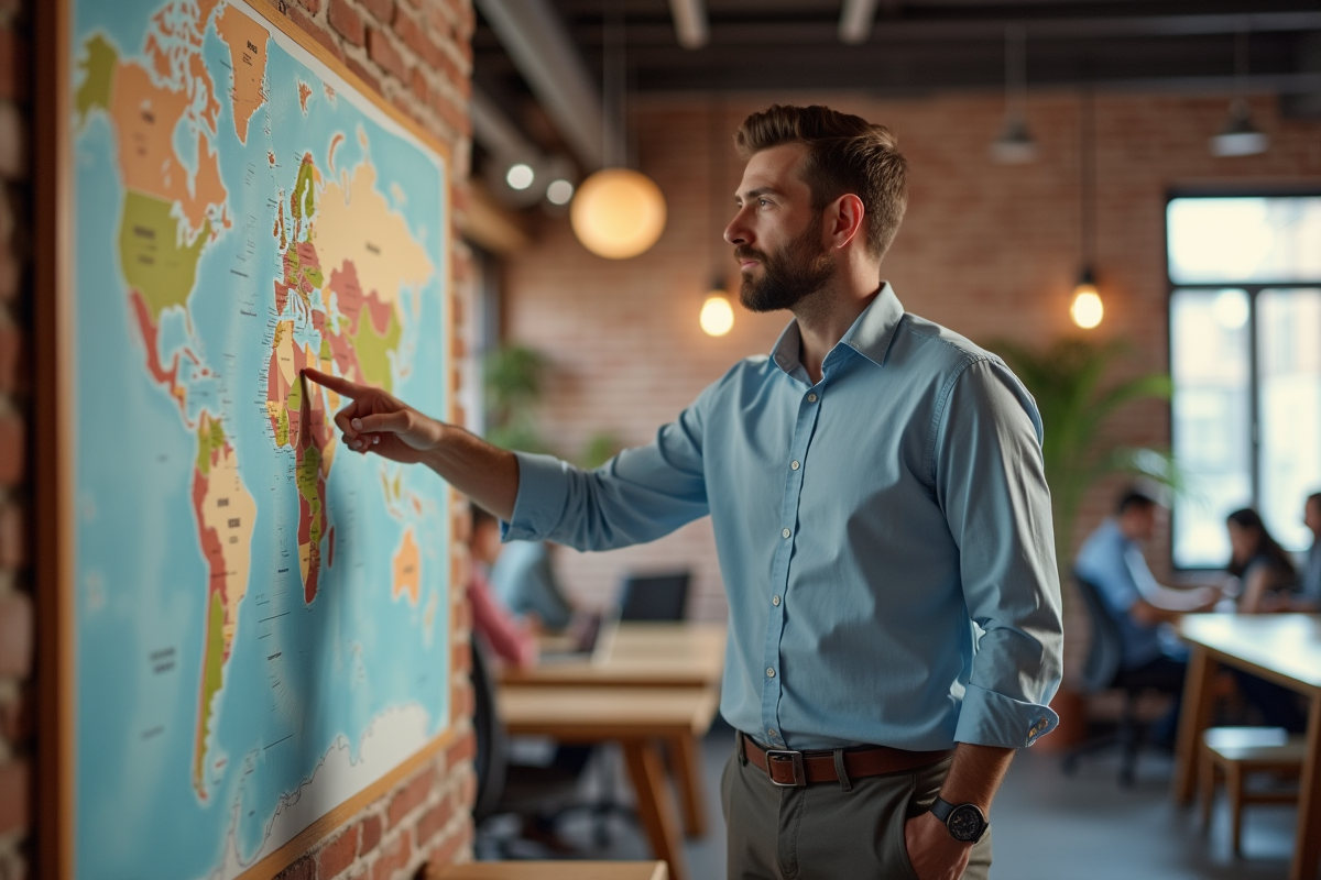 Homme pointant une carte dans un espace de coworking