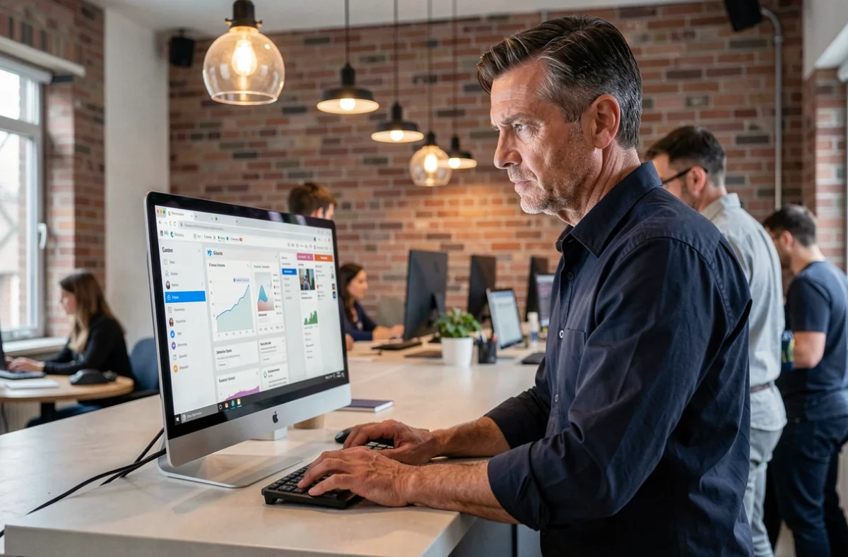 Homme d'affaires évaluant plusieurs sites web concurrents sur un ordinateur dans un espace de coworking moderne, comparant la fiabilité et la sécurité des plateformes