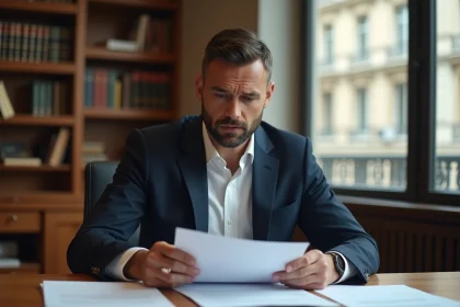 Homme consultant des documents juridiques liés à une contravention de 5ème classe dans un bureau d'avocat