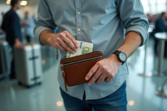 Homme pliant des billets de banque euros à l'aéroport
