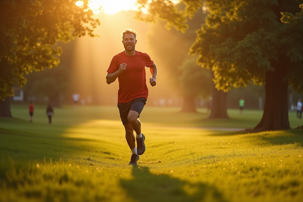 Homme courant dans un parc vert au lever du soleil