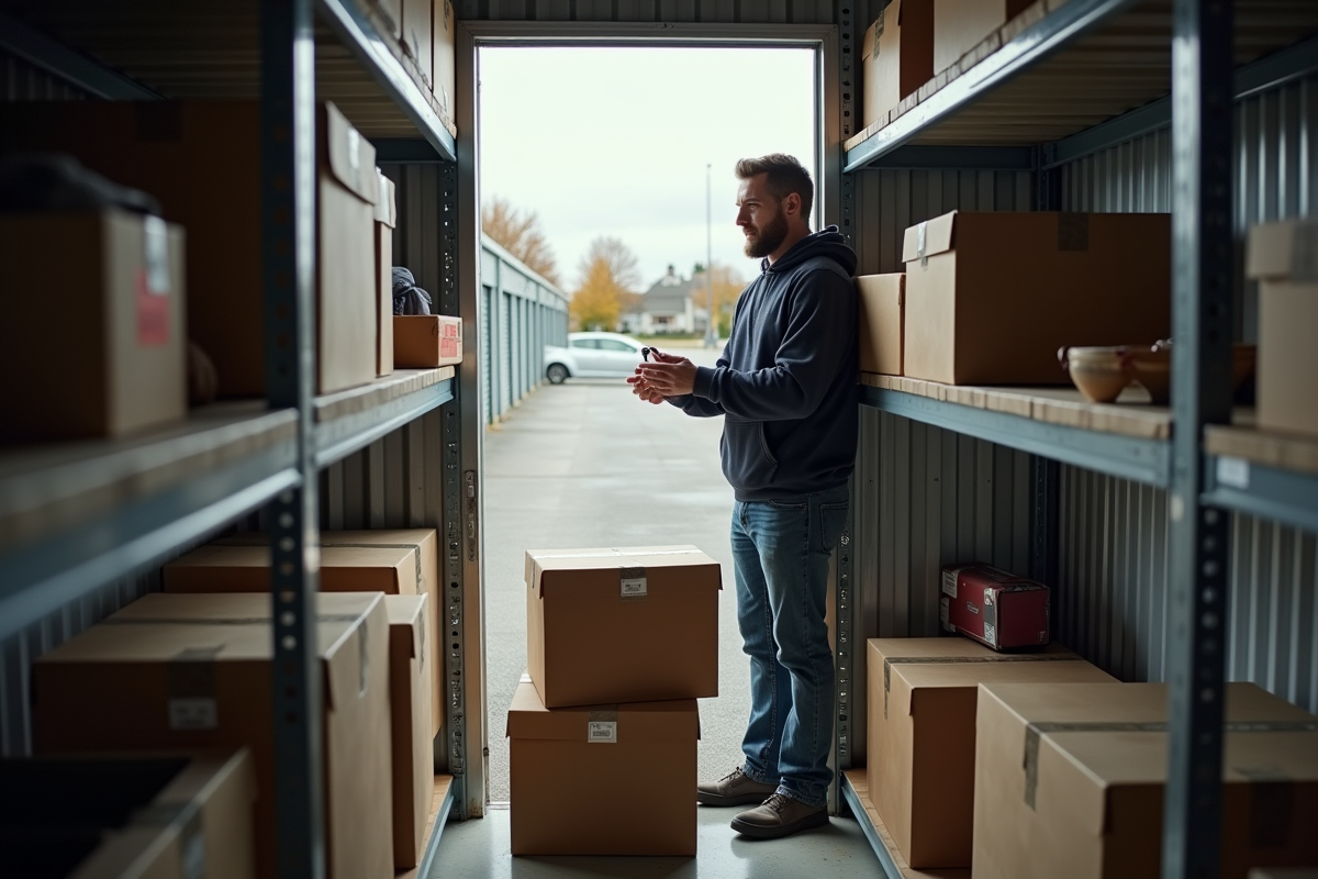 Homme en hoodie organisant des boîtes dans un local de stockage
