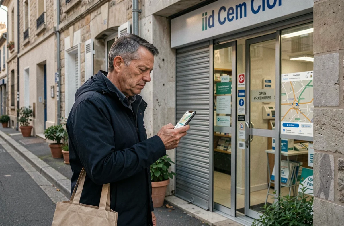 Homme devant une pharmacie fermée consultant une application mobile pour trouver une pharmacie ouverte à proximité