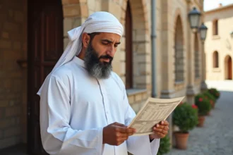 Homme musulman méditant devant une mosquée à Agen