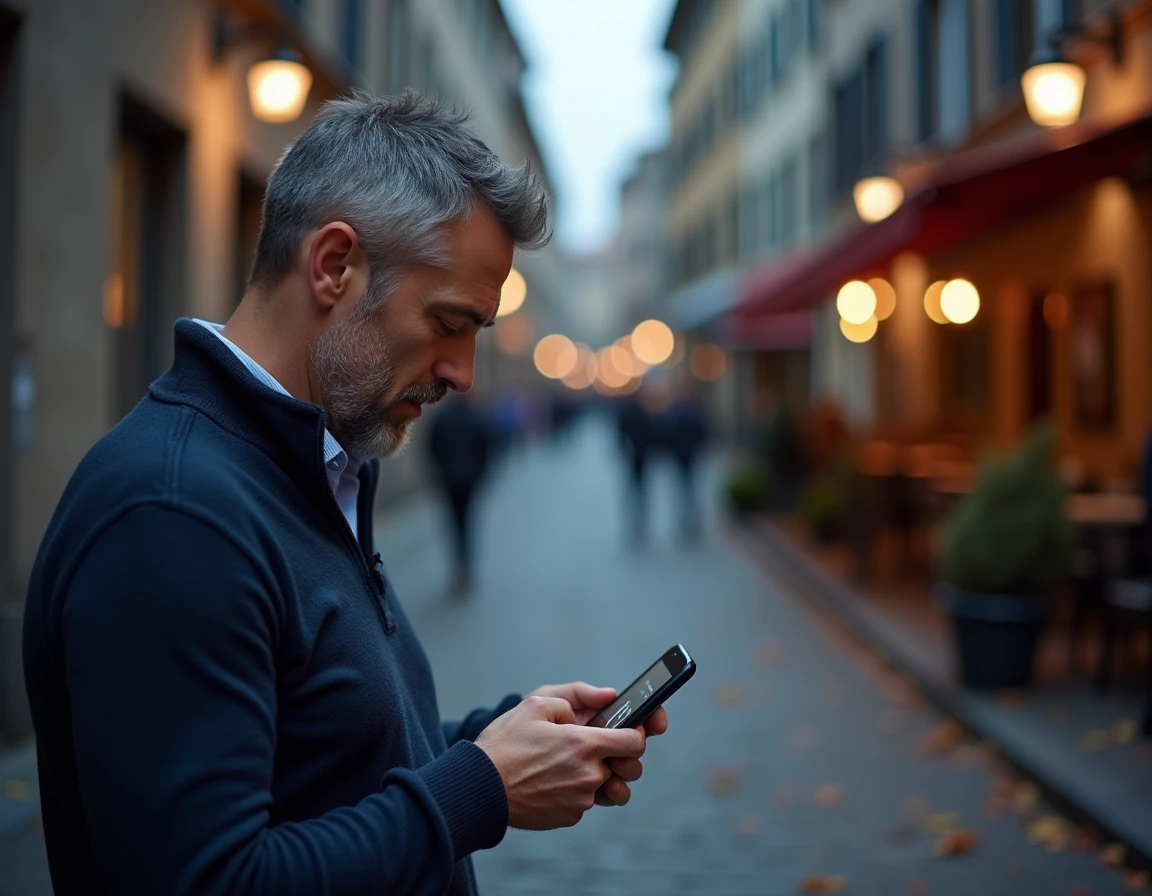 Homme dans une ruelle urbaine regardant son téléphone affichant 11h22, moment de synchronicité spirituelle