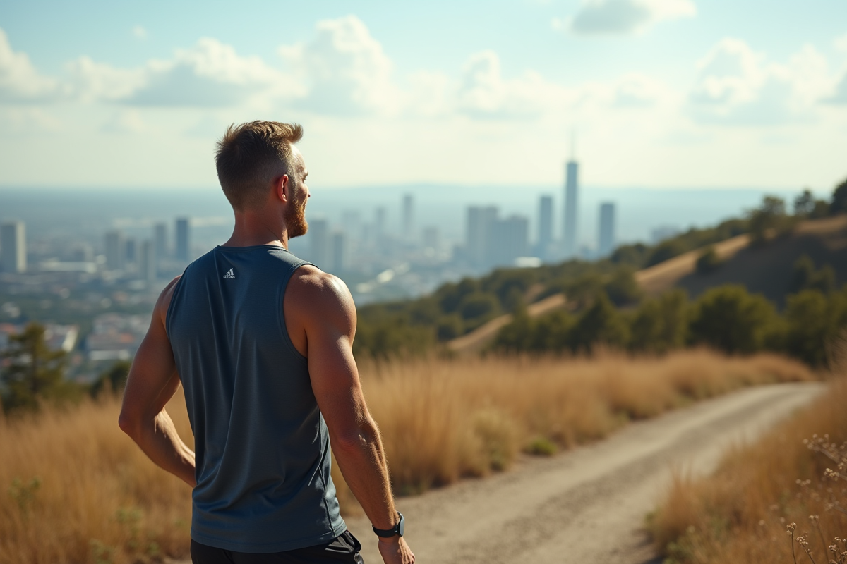 Homme en jogging admirant le paysage en haut de la colline