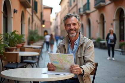Homme souriant avec carte de Rome en ville italienne