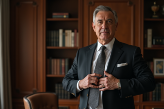 Homme d'affaires en costume ajusté ajustant une cravate en soie élégante