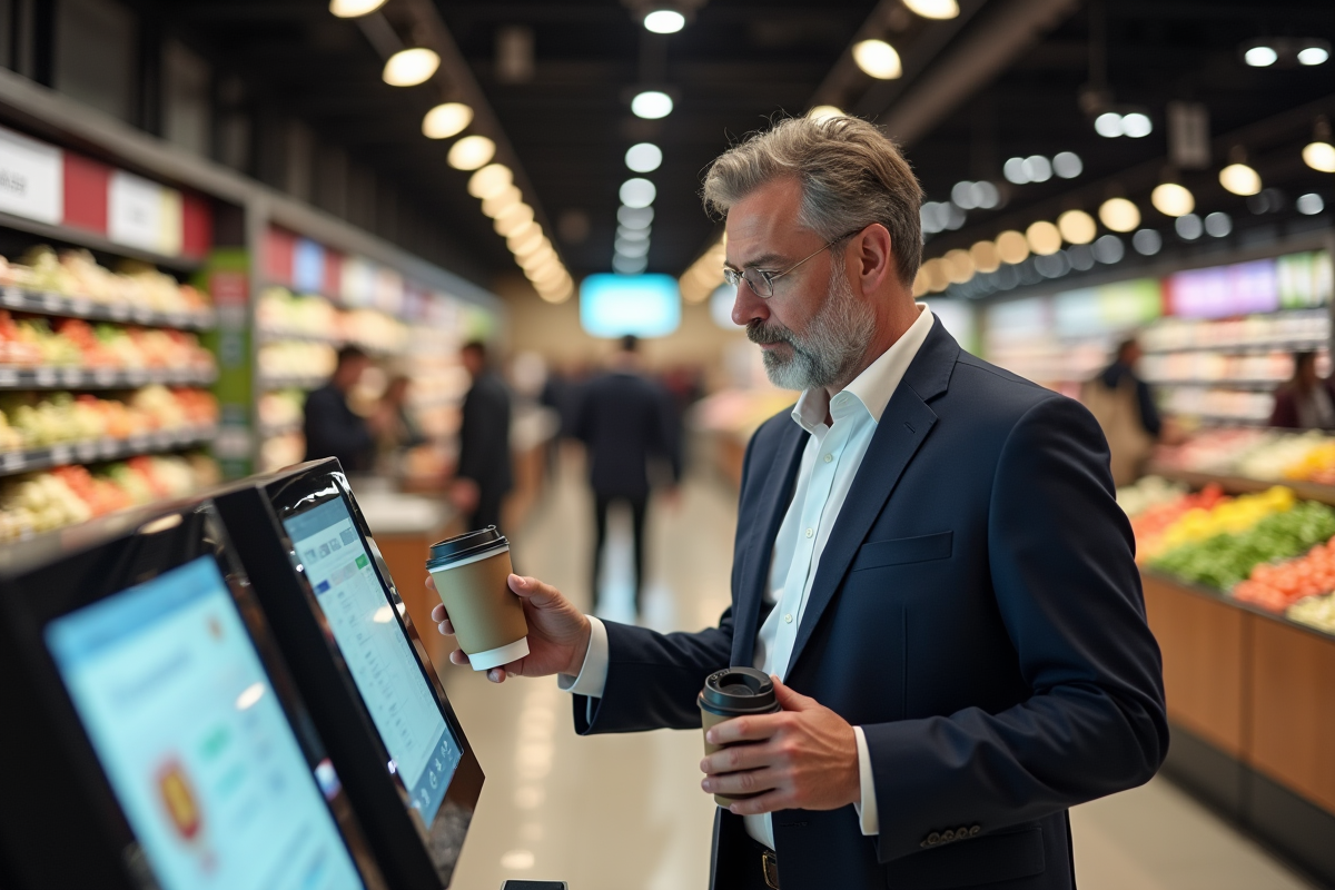 Homme d affaires scannant un écran dans un supermarché moderne