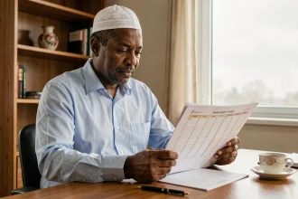 Homme consultant un tableau mensuel des heures de prière islamique à Annemasse en 2026