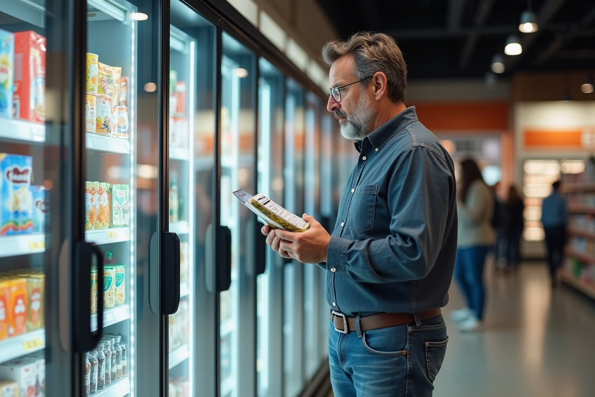 Homme regardant une étiquette nutritionnelle en supermarche