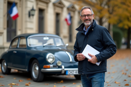 Homme d'âge moyen avec voiture ancienne et documents