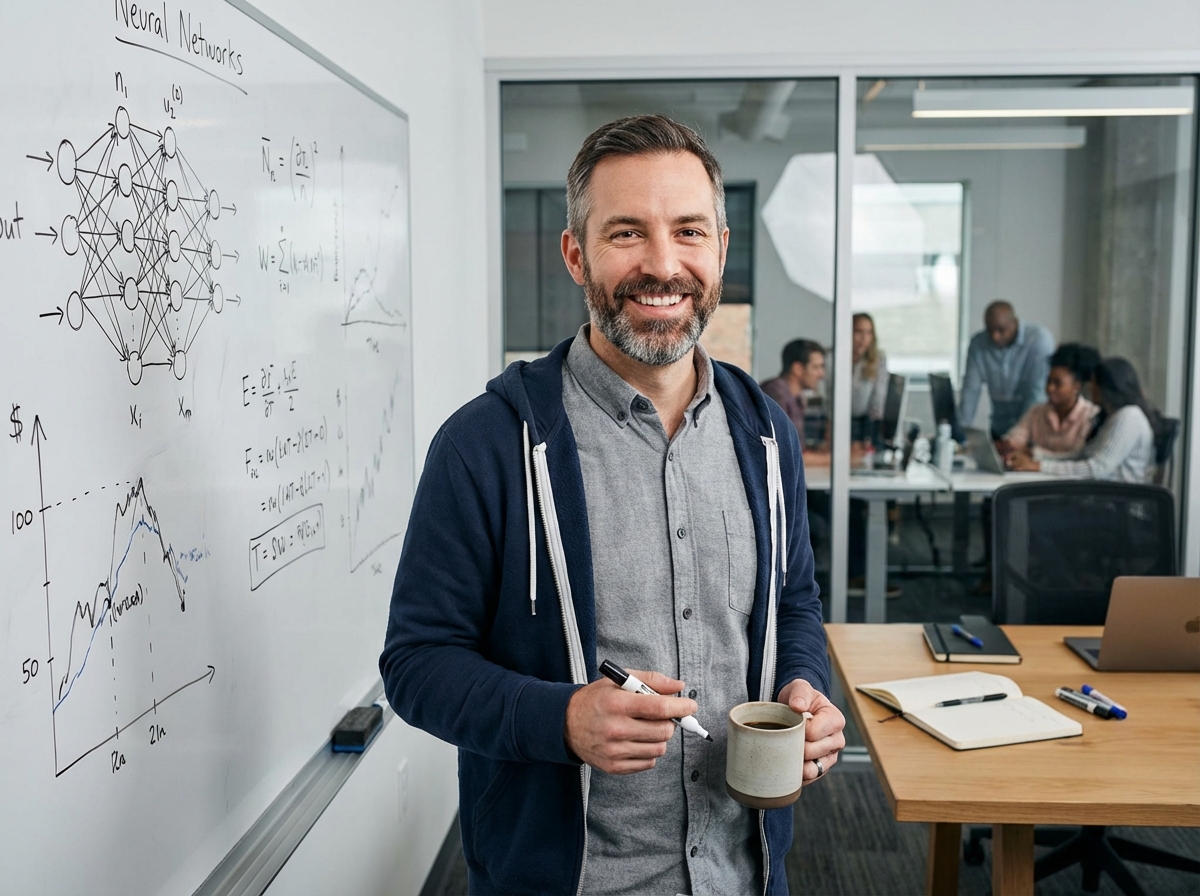 Homme souriant devant un tableau blanc avec algorithmes