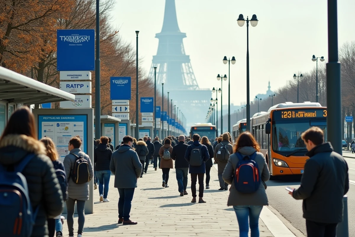 Vue grand angle d'un hub de bus RATP près du Trocadéro avec des bannières olympiques et des voyageurs consultant les cartes de transport pour les JO de Paris 2026