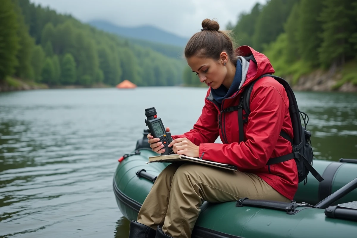 Hydrologiste femme ajustant un capteur dans la rivière