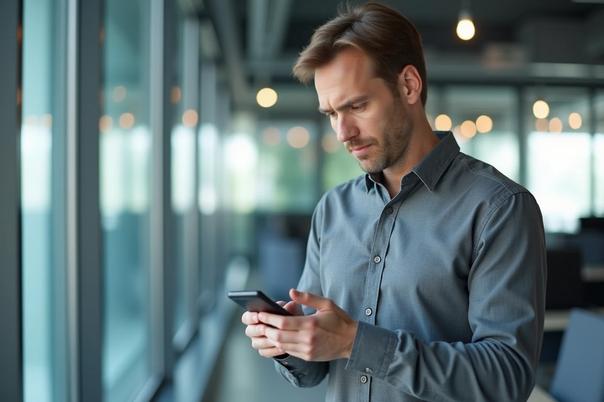 Homme consultant un indicatif téléphonique international sur son smartphone dans un bureau moderne