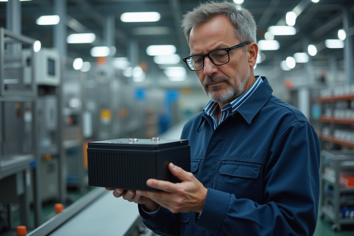 Ingénieur en combinaison inspectant une batterie lithium-ion