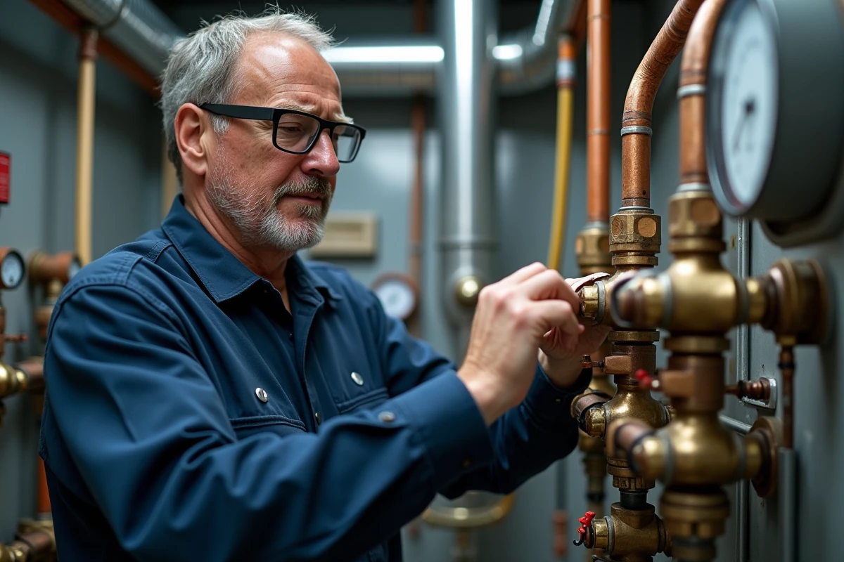 Ingénieur examinant un système hydrodynamique avec des tuyaux en cuivre et des raccords en laiton dans une salle de chaufferie industrielle