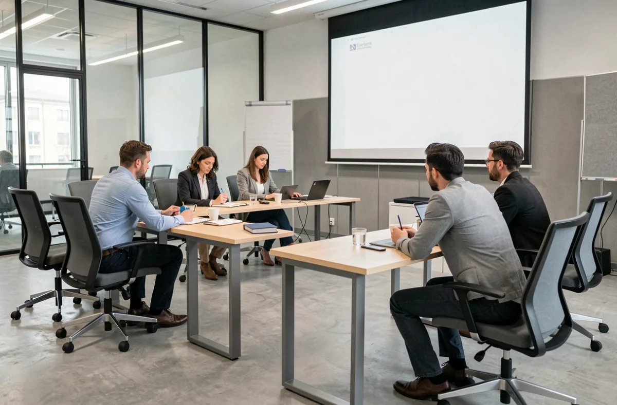 Espace séminaire moderne de Inn Events à Saint-Ouen-l'Aumône avec participants en atelier professionnel et cloisons vitrées