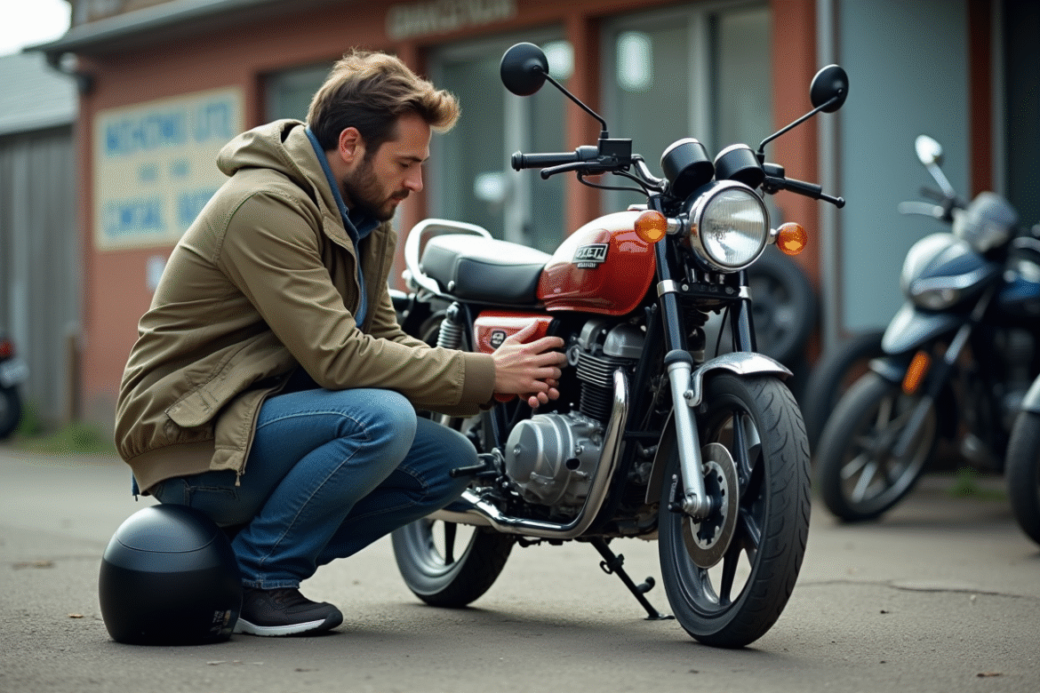 Homme inspectant un Dax 125 en extérieur